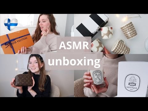 ASMR suomi 🇫🇮 MEGA UNBOXING & esittely - Marimekko, Louis Vuitton, Diptyque ja meikkejä - kokoelma