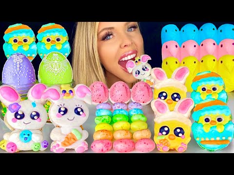 ASMR COCONUT CARAMEL BUNNY MACARONS, RASPBERRY JAM, CARROT CAKE, MINI EGGS COOKIES MUKBANG 먹방 꿀벌