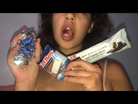 ASMR-CHOCOLATE SWEETS! Ice cream sandwich, frozen chocolate covered bananas, York peppermint patties