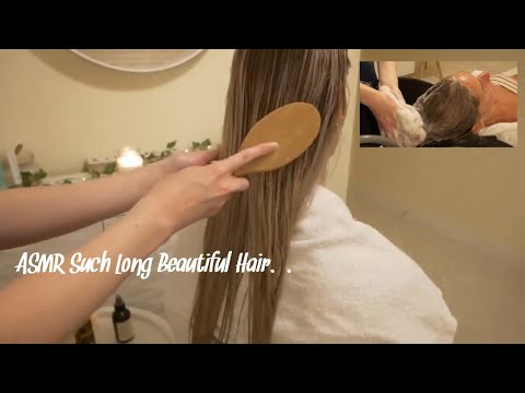 ASMR Washing, Brushing and Playing with my friends beautiful LONG, Wet hair | NO TALKING