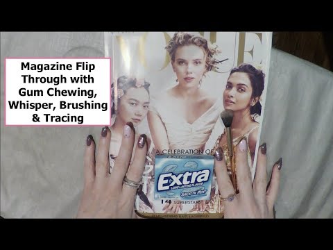 ASMR Gum Chewing Magazine Flip Through. Whisper, Brush, Tracing