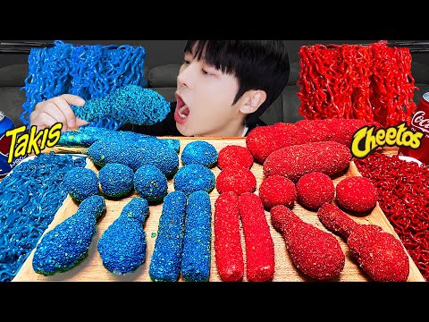 ASMR MUKBANG 직접 만든 타키스 치토스 치킨 불닭볶음면 치즈스틱 레드 블루 먹방! RED BLUE FIRE NOODLES CHICKEN EATING