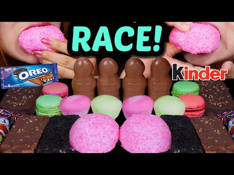 ASMR LEFTOVER DESSERT RACE! PINK SNOBALLS, MOCHI ICE CREAM, KINDER CHOCOLATE FIGURINES, MACARONS 먹방