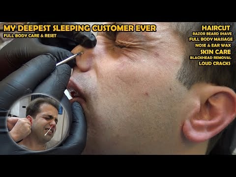 💤I STRUGGLED TO WAKE HIM UP 💈 ASMR Oil Removal, Haircut, Beard Shave, Wax, Cracks, Full Body Massage