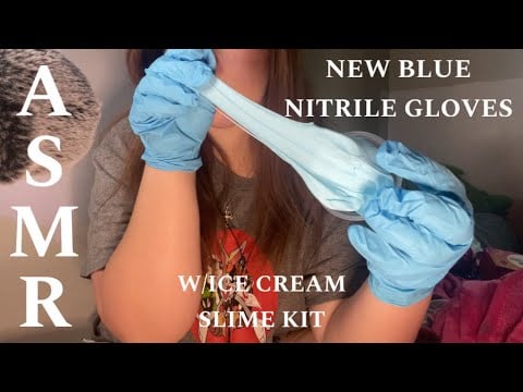 ASMR new light blue nitrile gloves with ice cream slime kit!