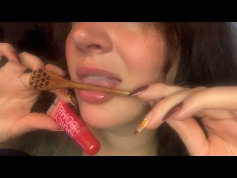 close up mouth sounds ASMR, lens triggers, eating you, wooden spoon, lipgloss and more (no talking)
