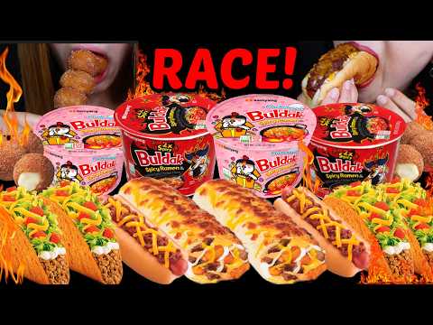 ASMR RACE 10x SPICY BULDAK RAMEN + TACO BELL BURRITOS Crunchy chocolate ice cream, Cinnabon delights