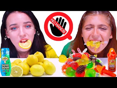 ASMR NO HANDS RACE WITH MOST POPULAR FOOD (TIK TOK JELLY FRUIT, LEMON, CHEETOS, OREO)