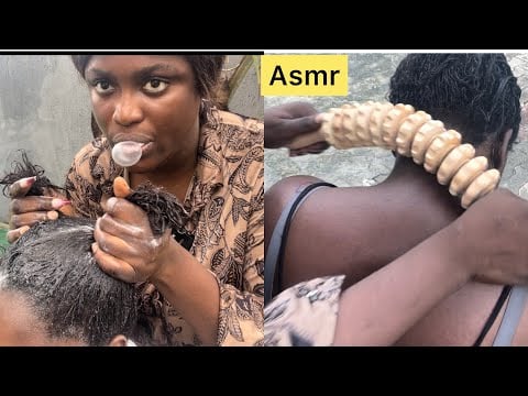 ASMR✨Outdoor hair shampoo massage and wood massage on my sister with gum cracking sound.