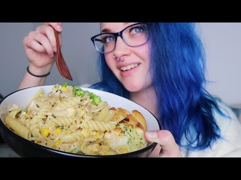 ASMR Eating Garlic & Herb Cheesy Chicken Pasta With Garlic Bread (Mukbang)