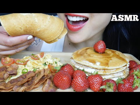 ASMR STRAWBERRY PANCAKE + EGGS & BACON BREAKFAST PLATTER (EATING SOUNDS) NO TALKING | SAS-ASMR