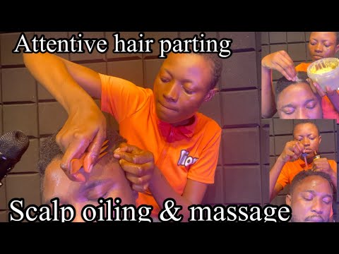 ASMR attentive hair parting, wet hair Indian head massage scalp oiling for sleep therapy.