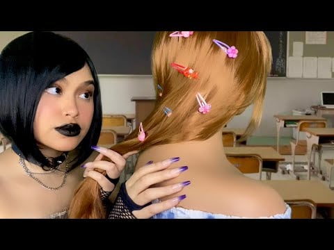 ASMR Bossy Alternative Girl In Class Plays W/ Your Hair + Back Scratch , Makeup, Haircut Roleplay