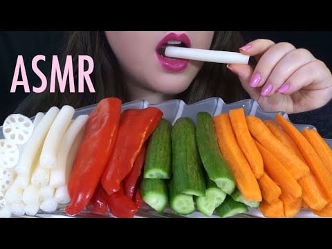 HEALTHY EATING ASMR Raw Veggie Platter [Lotus Root, Pepper, Cucumber, Carrots] CRUNCHY Eating Sounds