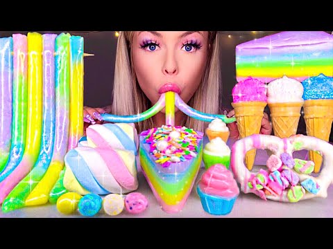 ASMR *UNICORN DESSERTS* RAINBOW JELLY CAKE, MARSHMALLOW CONES, LUCKY CHARMS JELLY NOODLES MUKBANG 먹방