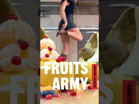 Pea vs. Fruits Army! Barefoot Crushing Food in Heels! Oddly Satisfying! ASMR