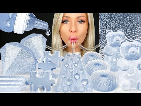 ASMR CLEAR FOOD *KONNYAKU JELLY RECIPE* ISOMALT CANDY HEARTS, EDIBLE GLITTER SYRINGE SHOT MUKBANG 먹방