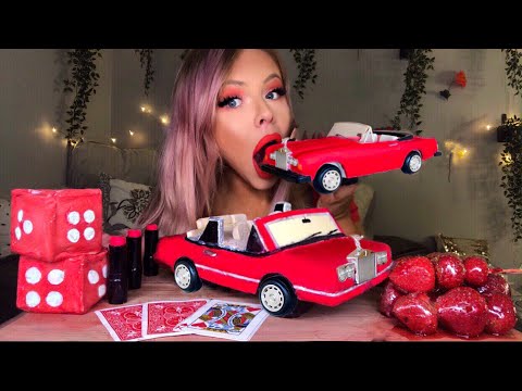 ASMR RED FOOD EDIBLE CAR ROLLS ROYCE, LIPSTICK, DICE, CARDS, TANGHULU STRAWBERRIES, MOCHI MUKBANG 먹방