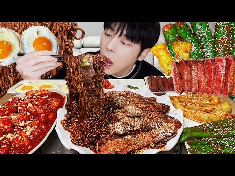 ASMR MUKBANG 직접 만든 양념 치킨먹방! 짜파게티 소고기 김치 레시피 & 먹방 BLACK BEAN NOODLES AND FRIED CHICKEN EATING SOUND!