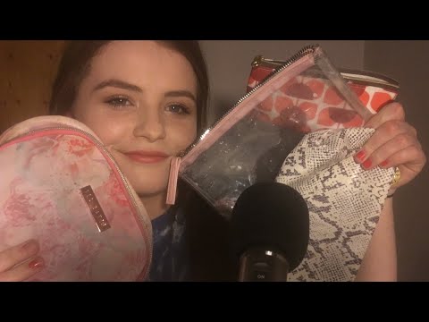 👛 ASMR- Whispered Show and Tell of Makeup/Cosmetic Bags with tapping, scratching & fabric sounds👛