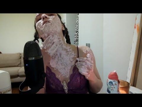 ASMR shaving foam on me rubber gloves and mic touching apple eating