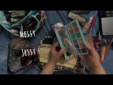 ASMR Rummaging Through Makeup : Packing , Organizing, Whisper,  old Makeup Bags!