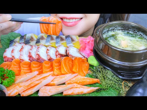 ASMR EATING SASHIMI PLATTER (SALMON , OCTOPUS , CRAB STICK , SEAWEED SOUP) EATING SOUNDS | LINH-ASMR