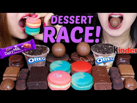 ASMR LEFTOVER DESSERT RACE! COTTON CANDY MACARON, OREO CHOCOLATE CREAM EGGS, CADBURY, KINDER CAKE 먹방