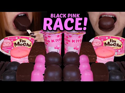 ASMR BLACK PINK DESSERT RACE! DOVE ICE CREAM, MOCHI ICE CREAM, HELLO KITTY DESSERT CUPS, KITKATS 먹방