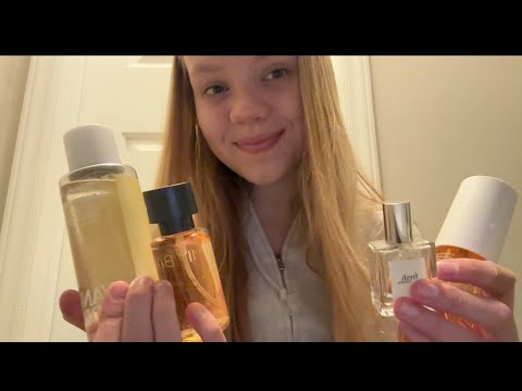 ASMR Whispered perfume collection (tapping, liquid sounds, spraying)