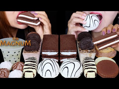 ASMR BLACK & WHITE MAGNUM ICE CREAM BARS, ZEBRA DOME CAKES, CHOCOLATE CAKE SLICES, COOKIE SANDWICH먹방