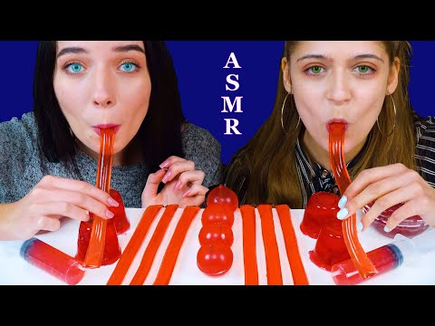 ASMR RED FOODS EDIBBLE JELLO SHOOTER, POPPING BOBA, JELLY NOODLES RACE, JELLY CHERY BALLS MUKBANG