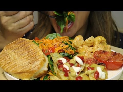 GRILLED CHEESE SANDWICH SPINACH SALAD CHEESY PASTA BAKED POTATO TOMATO CREMA ASMR #asmr #mukbang