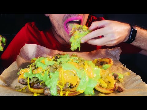 ASMR EATING MESSY CHEESE BURGER ONION RING NACHOS ! * food sounds no talking mukbang *