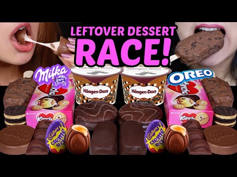 ASMR LEFTOVER DESSERT RACE! CADBURY CREME EGG, MILKA, OREO, MINI CHOCO ICE CREAM BARS, CREAM CUPS 먹방