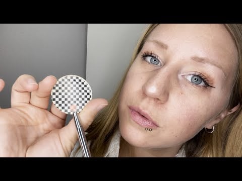 ASMR - Eye exam for weak eye muscles (crinkle shirt, light, look at the pictures)