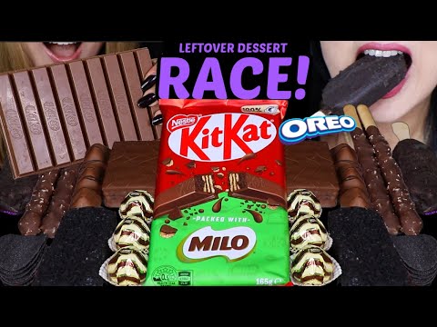 ASMR LEFTOVER DESSERT RACE! GIANT MILO KITKAT, POPPING CANDY COOKIE STICKS, FERRERO, OREO ICE CREAM