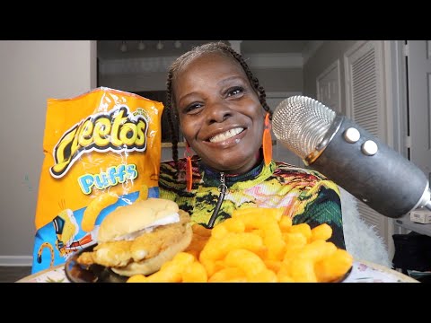 Southern Fried White Fish Sandwich With Cheetos Puffs ASMR Eating Sounds