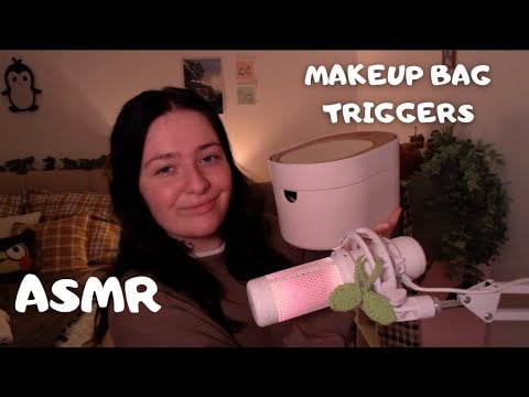 ASMR What's in my Makeup Bag | tingly whispering, tongue clicking, makeup triggers, hair clipping