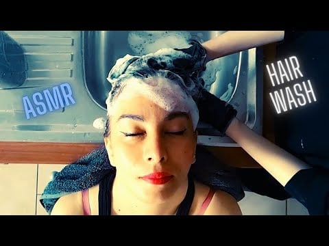 ASMR | HAIR WASH AND HEAD MASSAGE WITH BLACK GLOVES IN THE KITCHEN SINK | SHAMPOO | FOAM | SCALP |