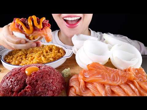 ASMR Carbo Buldak Noodles with Salmon & Raw Beef | Ultimate Onion Cup Mukbang (No Talking)