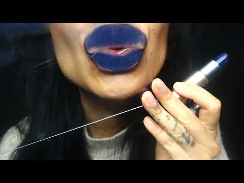 Try out blue lipstick on glass ASMR