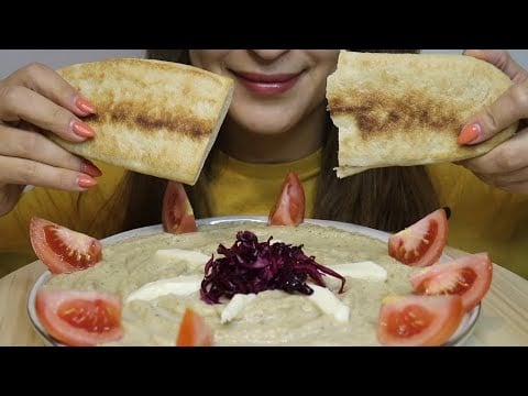 ASMR EGGPLANT DIP (MTABAL) / HOMEMADE BREAD / MUKBANG / CREMA ASMR #asmr #mukbang #eggplant #bread