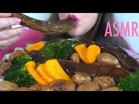 HEALTHY EATING ASMR Roasted Veggie Platter [Eggplant, Potatoes, Peppers, Broccoli] Eating Sounds