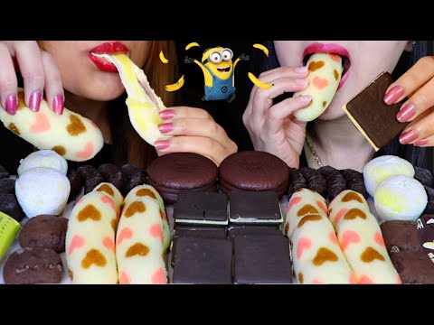 ASMR CHOCOLATE BANANA MOCHI, DARK CHOCOLATE BANANA JELLY, MARSHMALLOW CHOCO PIE, MOCHI COOKIES 먹방