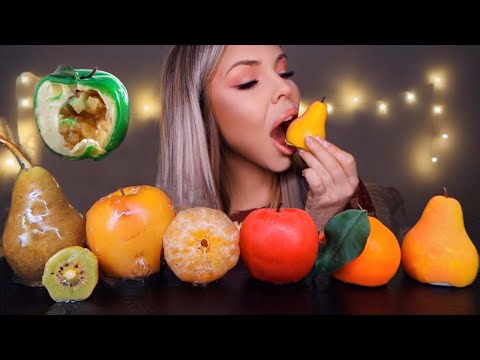 ASMR FRUIT SHAPED DESSERTS, TANGHULU FRUITS, APPLE SHAPED CAKE, PEAR SHAPED CAKE MUKBANG 먹방