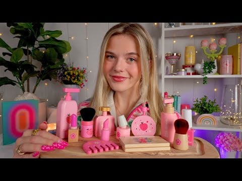 ASMR Doing Your Wooden Makeup & Skincare 🩷🌼 (+ overlay sounds, long nails taps, tingles)