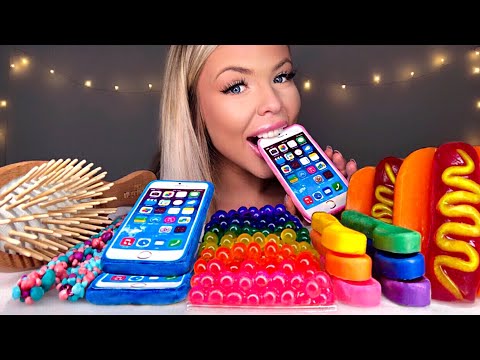 ASMR EDIBLE IPHONE, HAIR BRUSH, SPOONS, POPPING BOBA, NERD ROPE, HOTDOG JELLY, MUKBANG 먹방