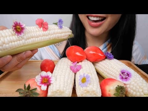 RAW WHITE CORN STRAWBERRY LUK CHUP (ASMR EATING SOUNDS) LIGHT WHISPERS | SAS-ASMR