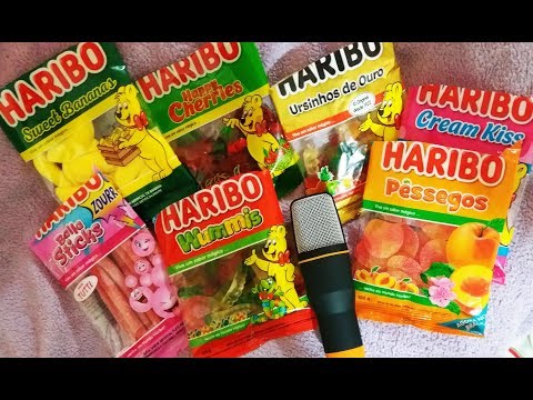 ASMR - EXPERIMENTANDO DOCES HARIBO (SONS DE EMBALAGEM, MASTIGAÇÃO, SOFT SPOKEN) 🎧